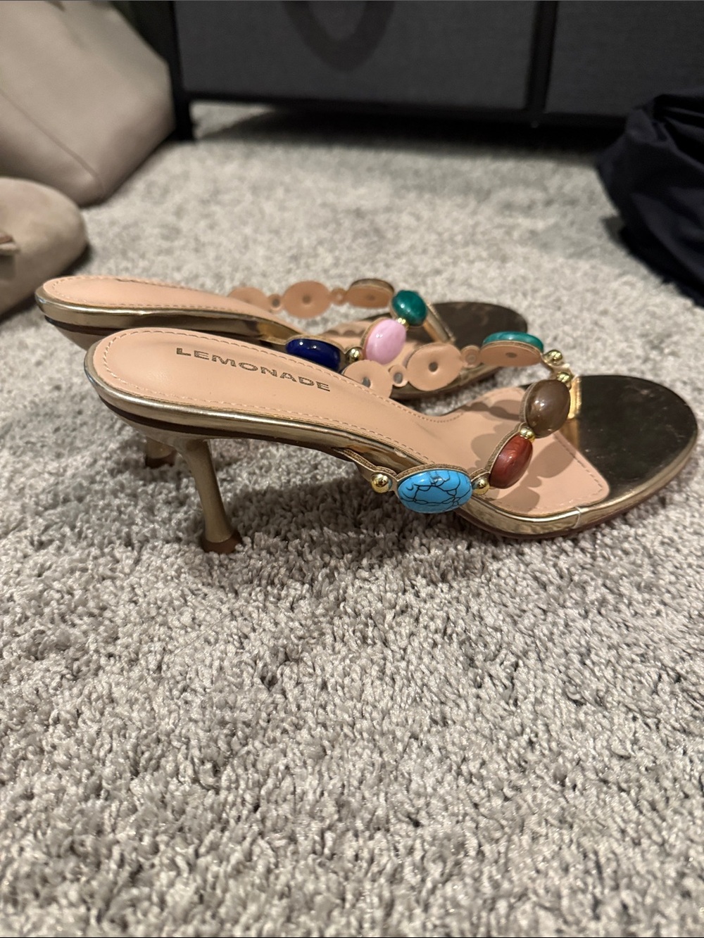 Princess Polly Gold Beaded Thong Heels with Multicolor Gem Accents - Picture 3 of 3